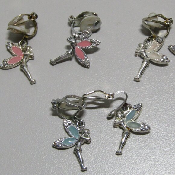 Vtg. 3 Pair Tinkerbelle Fairy Clip On Earrings Enamel Wings & Rhinestones - Picture 1 of 1